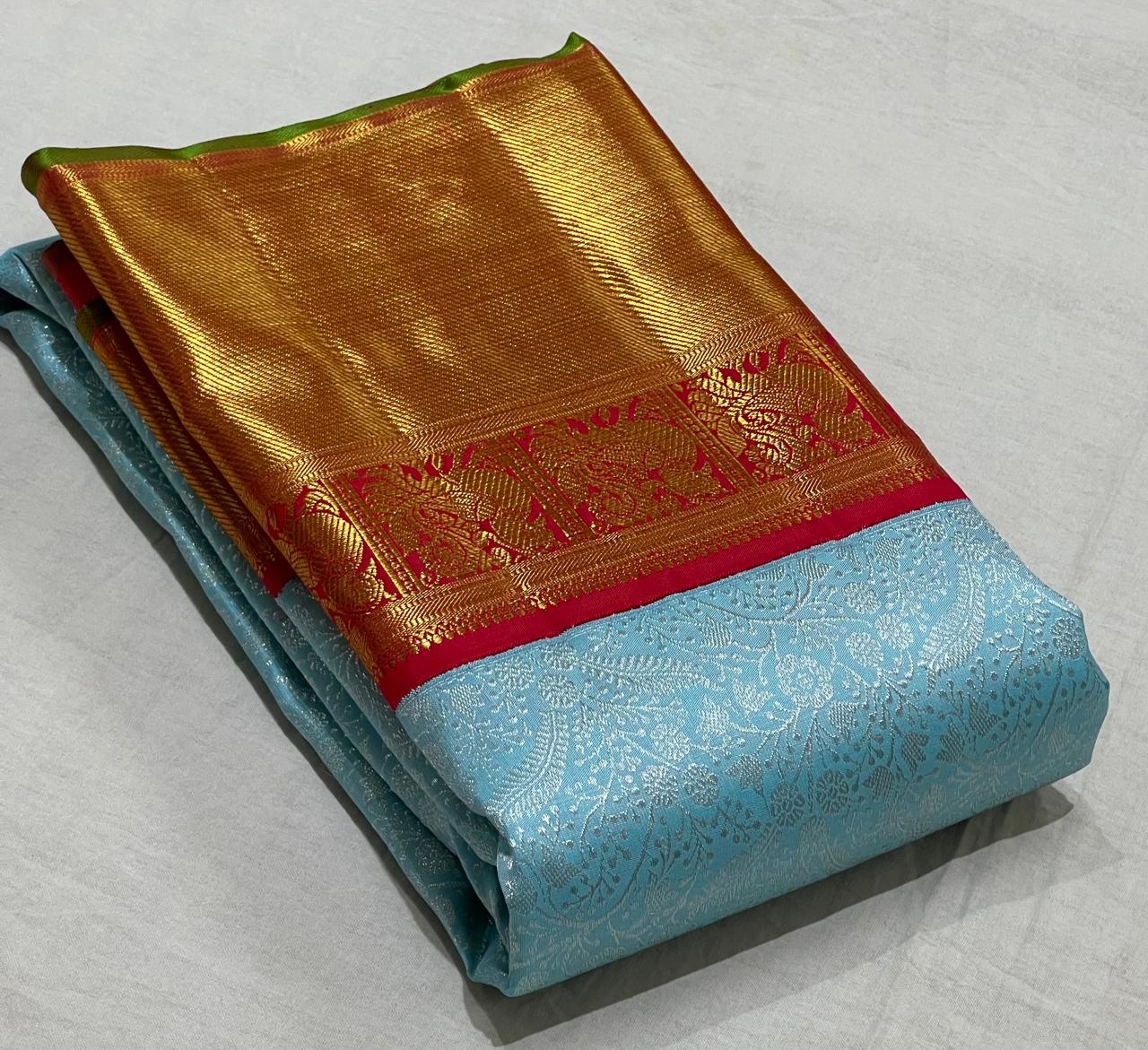 SKY /RED  COLOUR COMBITION PURE KANCHI SILK SAREE