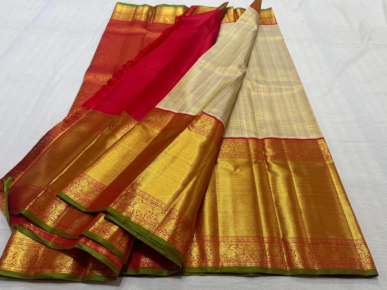 GOLD/RED  COLOUR COMBITION PURE KANCHI SILK SAREE