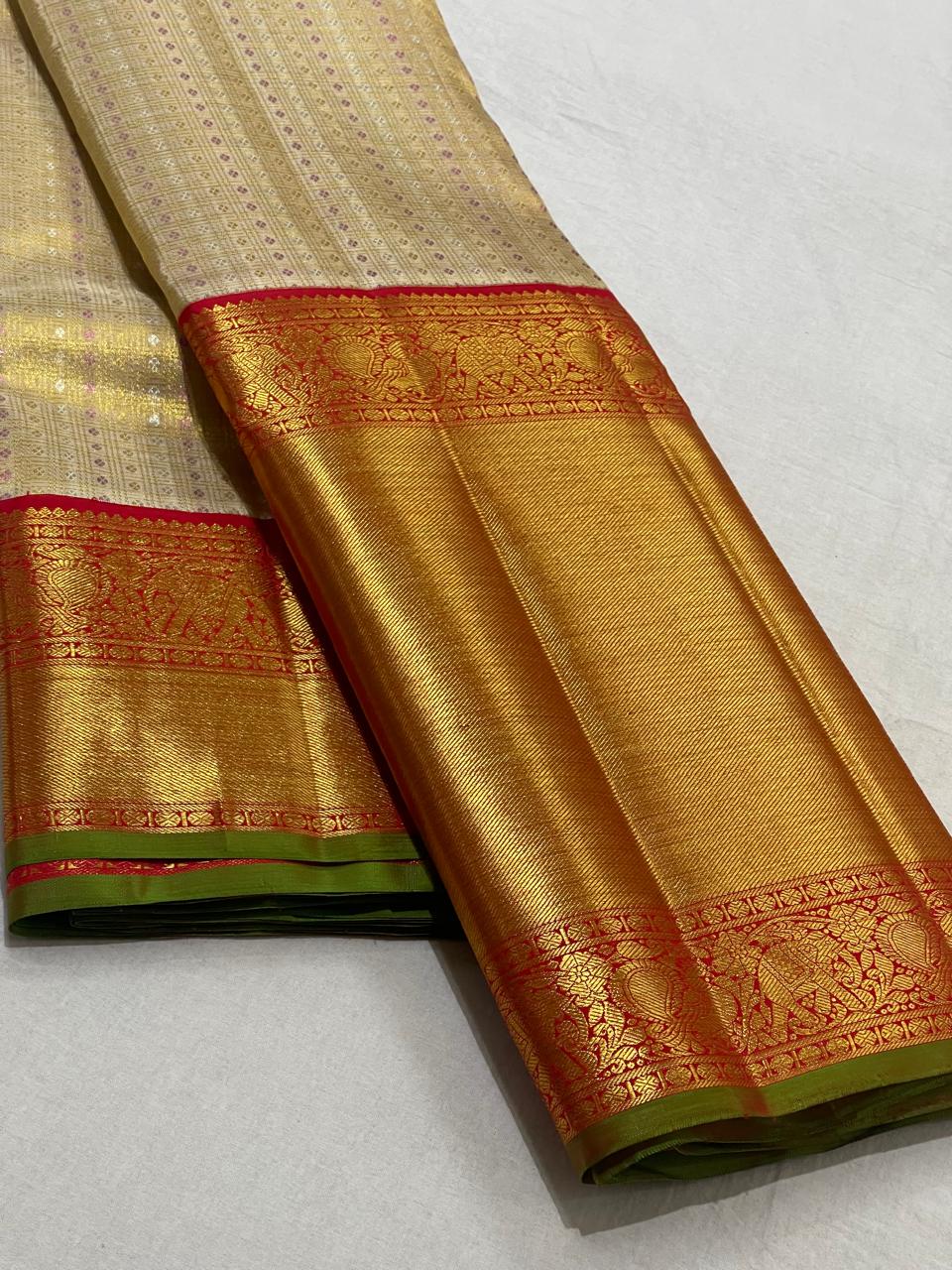 GOLD/RED  COLOUR COMBITION PURE KANCHI SILK SAREE