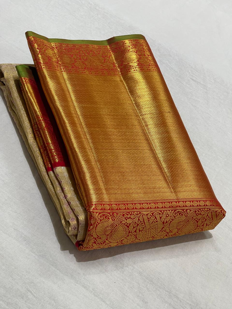 GOLD/RED  COLOUR COMBITION PURE KANCHI SILK SAREE