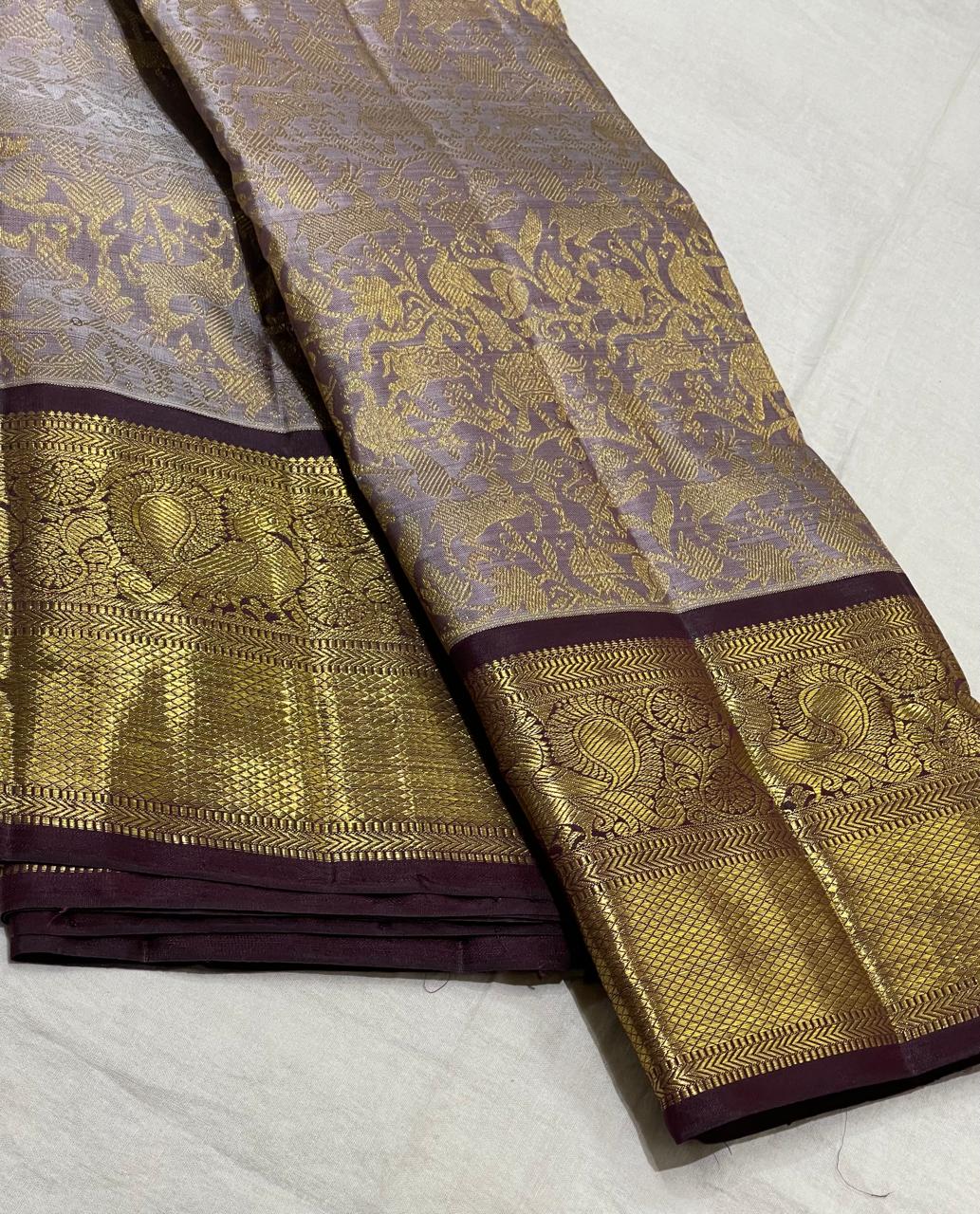 BROWN  COLOUR COMBITION PURE KANCHI SILK SAREE