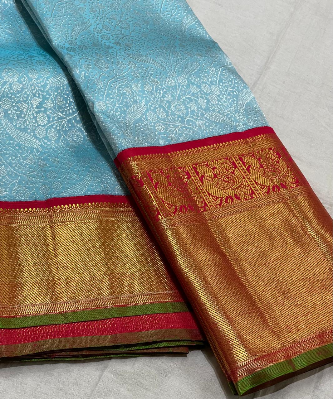 SKY /RED  COLOUR COMBITION PURE KANCHI SILK SAREE