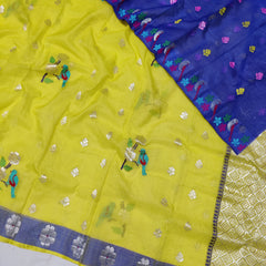 LEMON YELLOW/NAVY BLUE ZARI KOTA SAREE