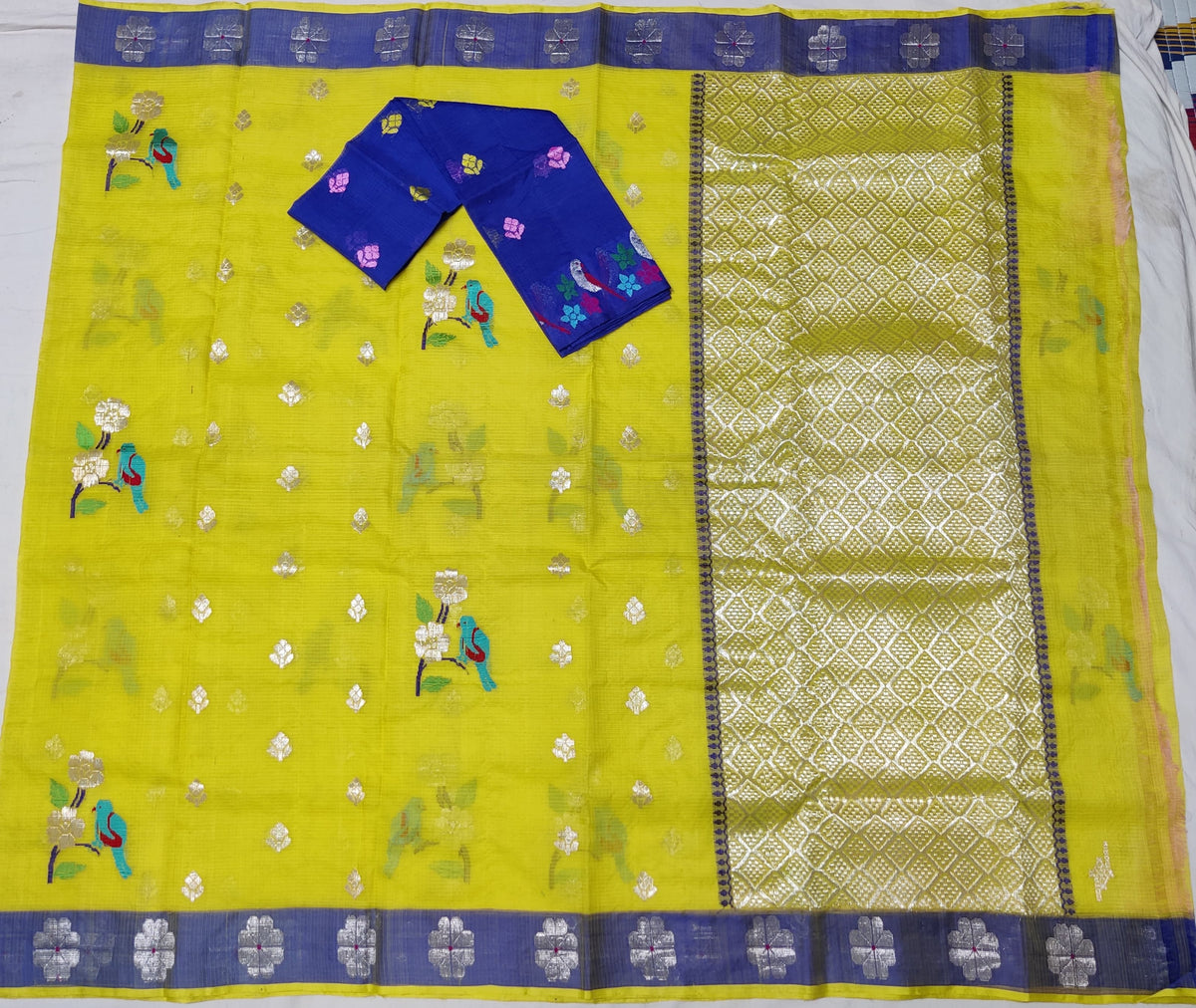 LEMON YELLOW/NAVY BLUE ZARI KOTA SAREE