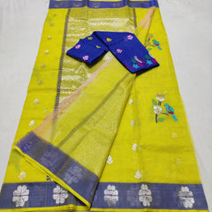 LEMON YELLOW/NAVY BLUE ZARI KOTA SAREE