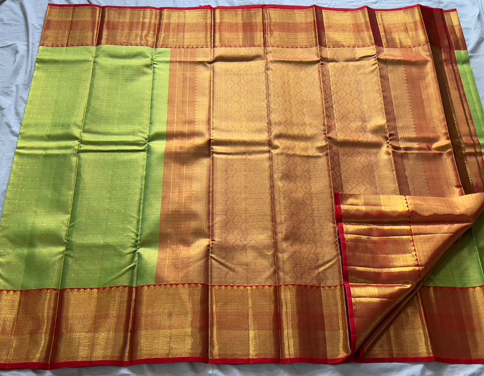 PARROT GREEN/RED  COLOUR COMBITION PURE KANCHI SILK SAREE