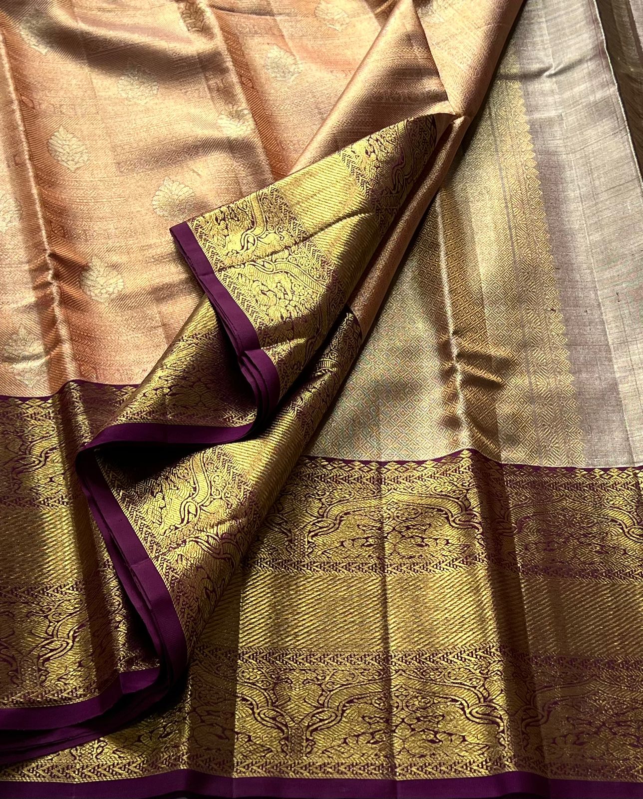 PEACH/MAROON COLOUR COMBITION PURE KANCHI SILK SAREE