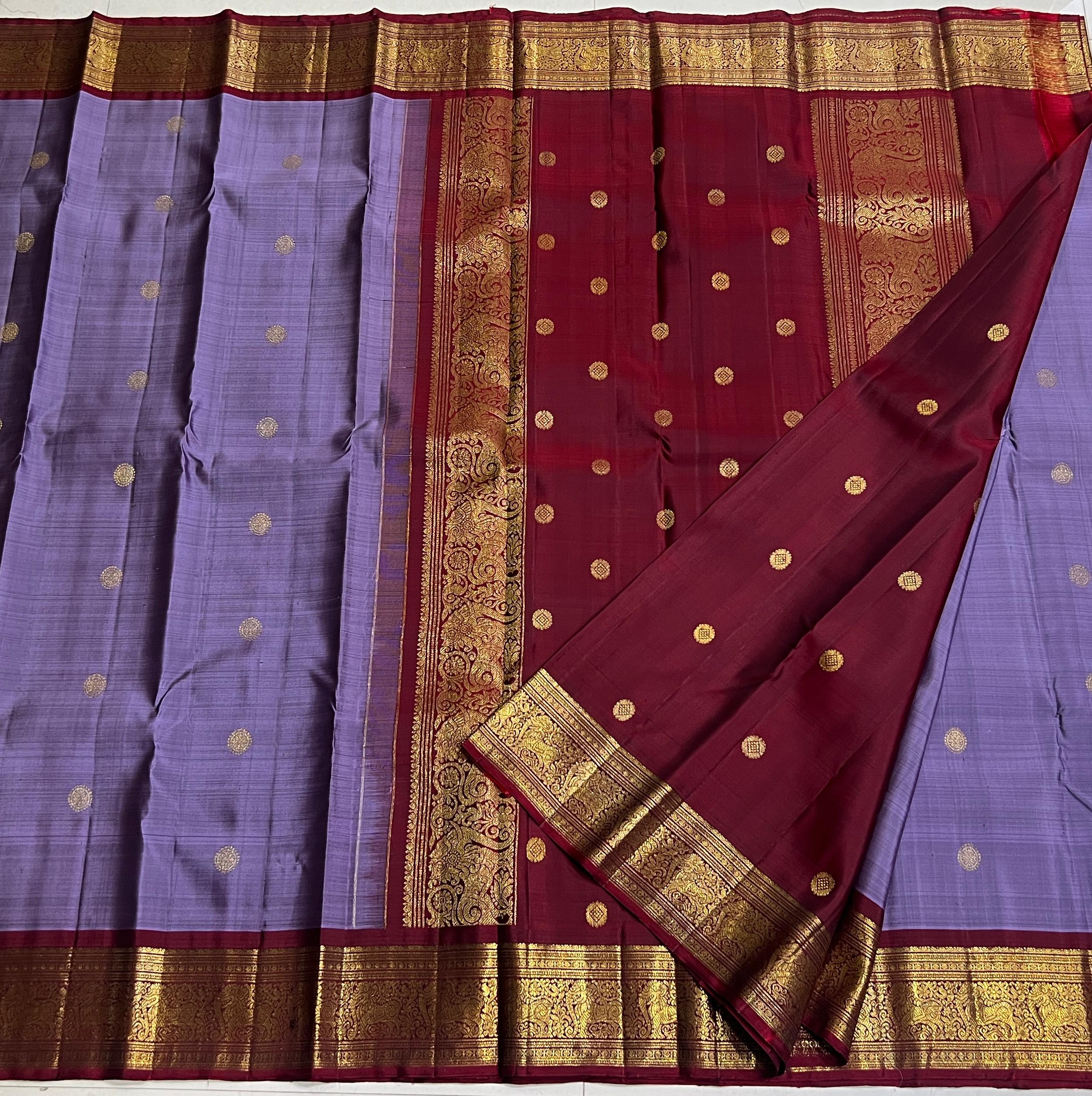 LAVENDER/MAROON  COLOUR COMBITION PURE KANCHI SILK SAREE