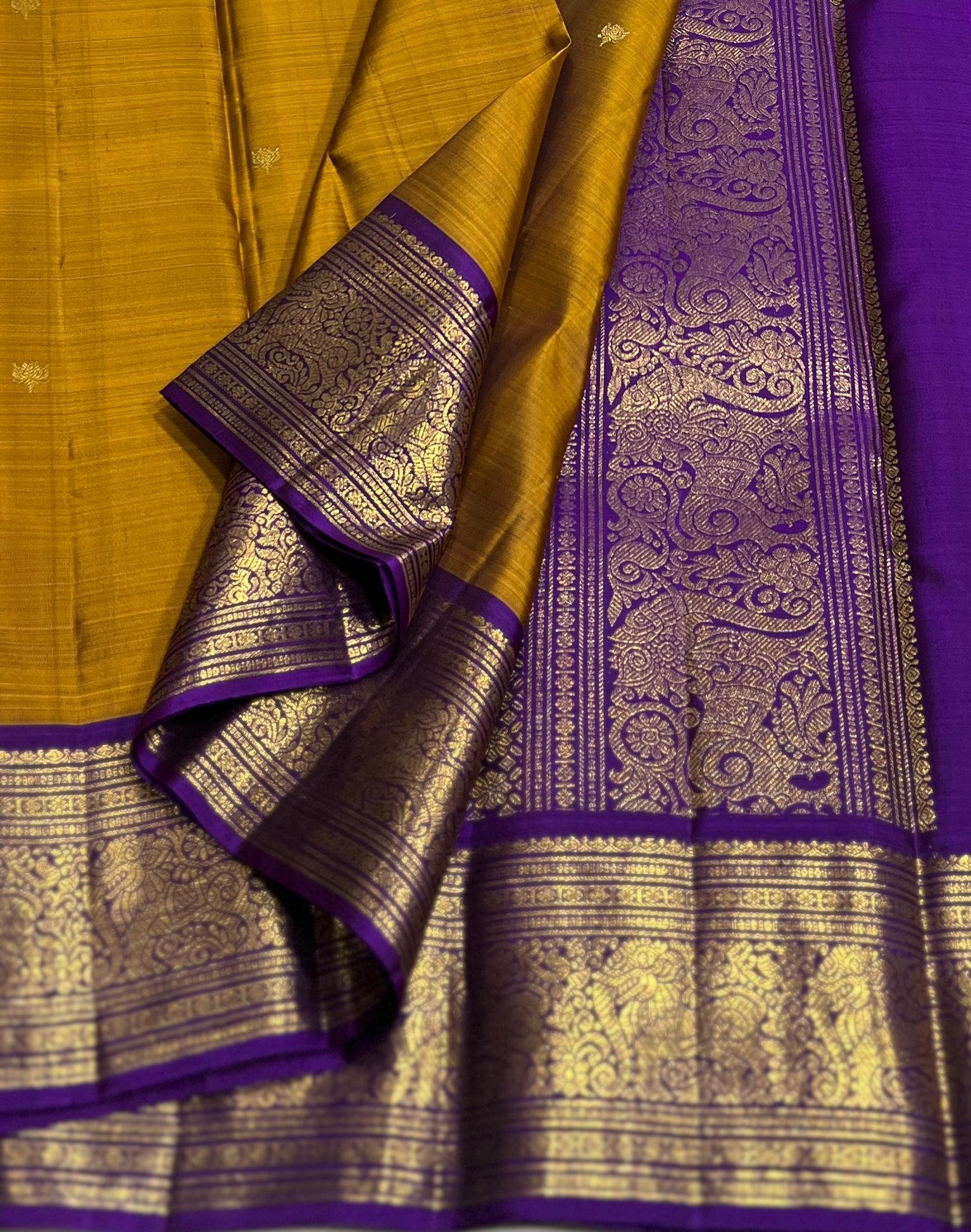 MUSTURD YELLOW/VOILET  COLOUR COMBITION PURE KANCHI SILK SAREE