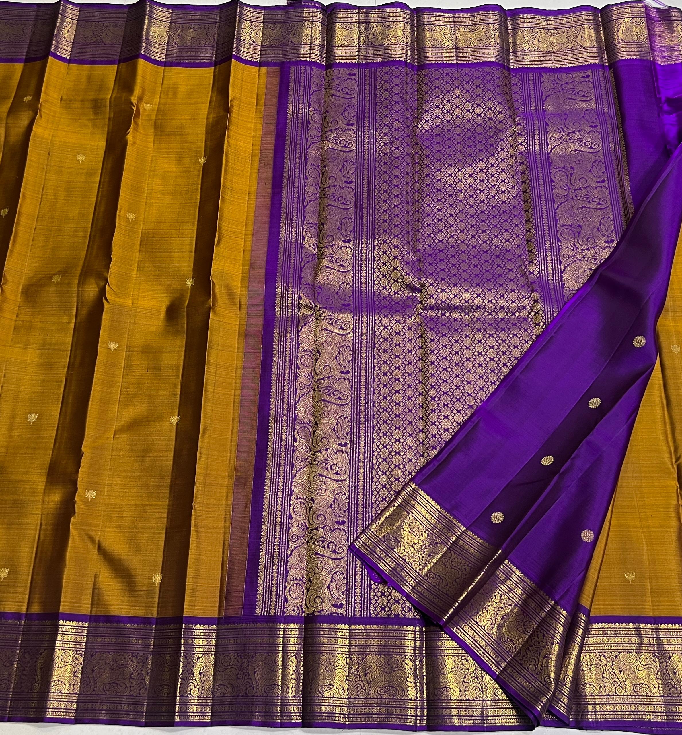 MUSTURD YELLOW/VOILET  COLOUR COMBITION PURE KANCHI SILK SAREE