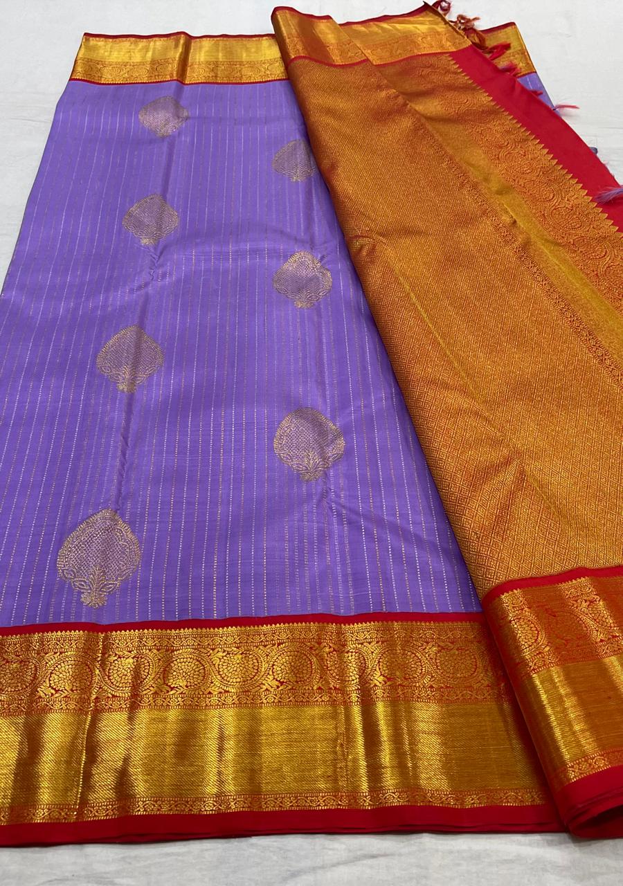 LAVENDER/RED  COLOUR COMBITION PURE KANCHI SILK SAREE