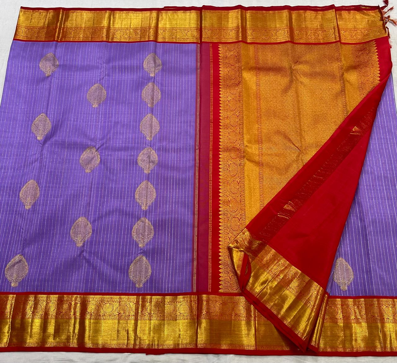 LAVENDER/RED  COLOUR COMBITION PURE KANCHI SILK SAREE