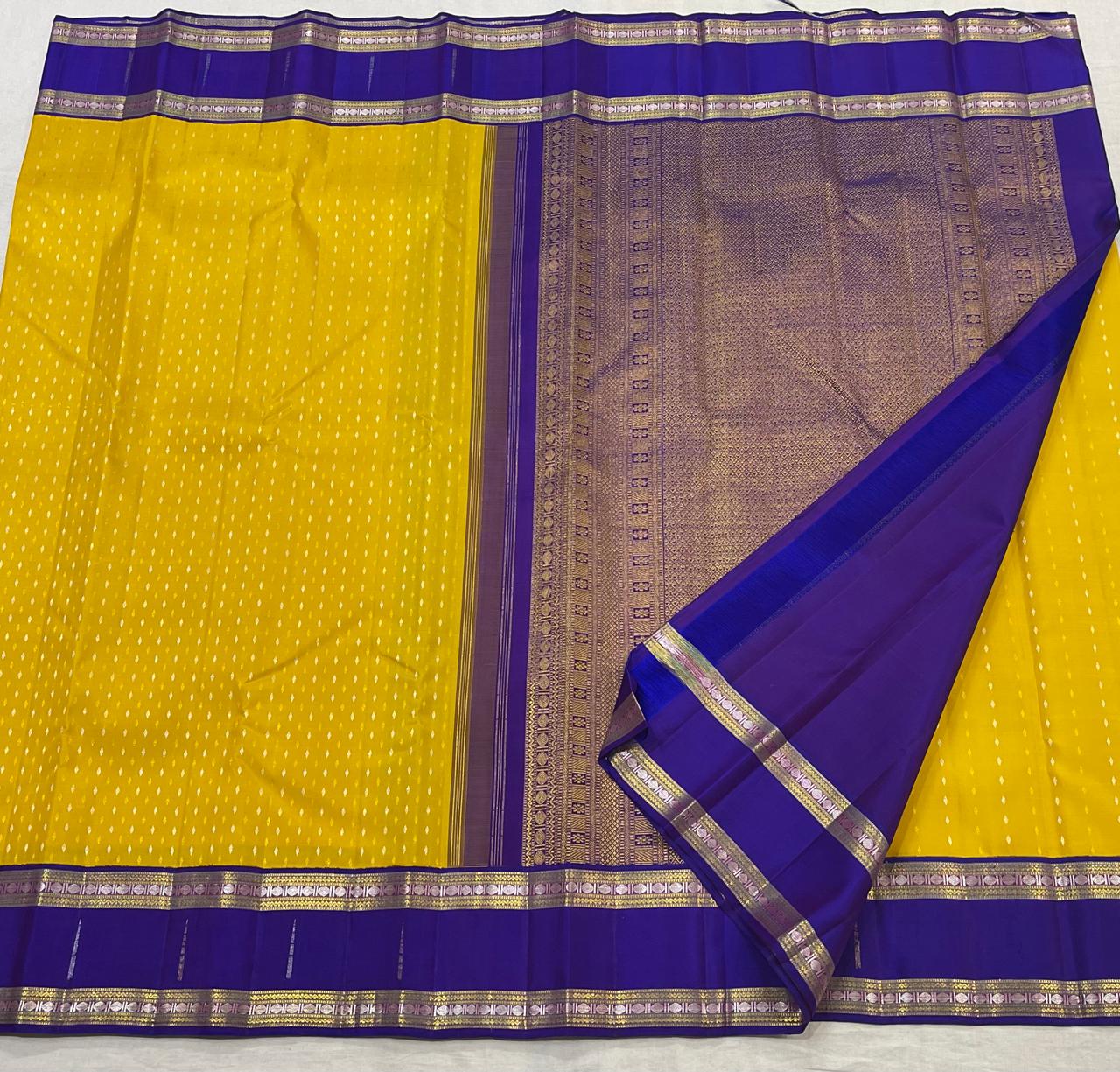 LEMON YELLOW / BLUE  COLOUR COMBITION PURE KANCHI SILK SAREE