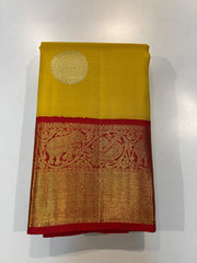 SAMPANKI YELLOW/ CHILLI RED COLOUR COMBITION PURE KANCHI SILK SAREE