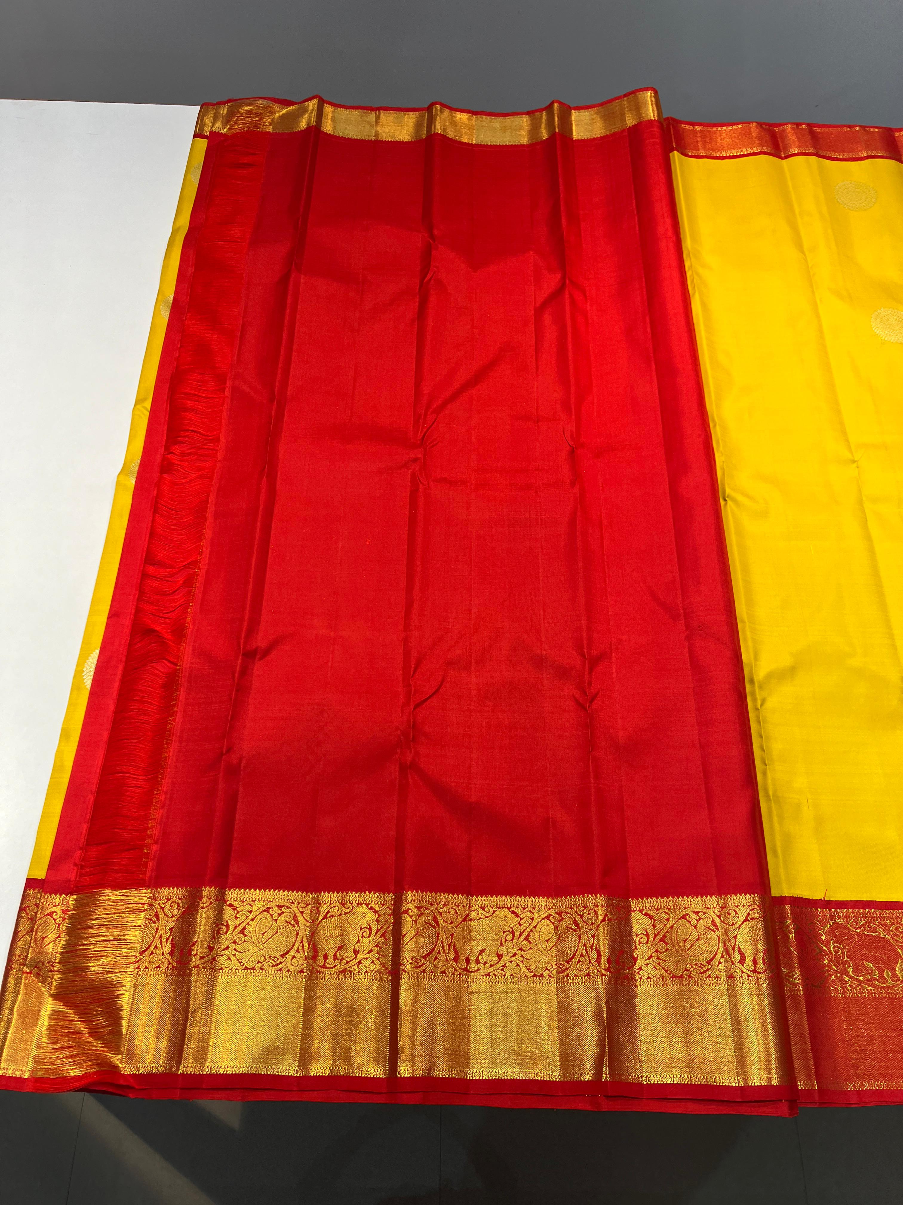 SAMPANKI YELLOW/ CHILLI RED COLOUR COMBITION PURE KANCHI SILK SAREE