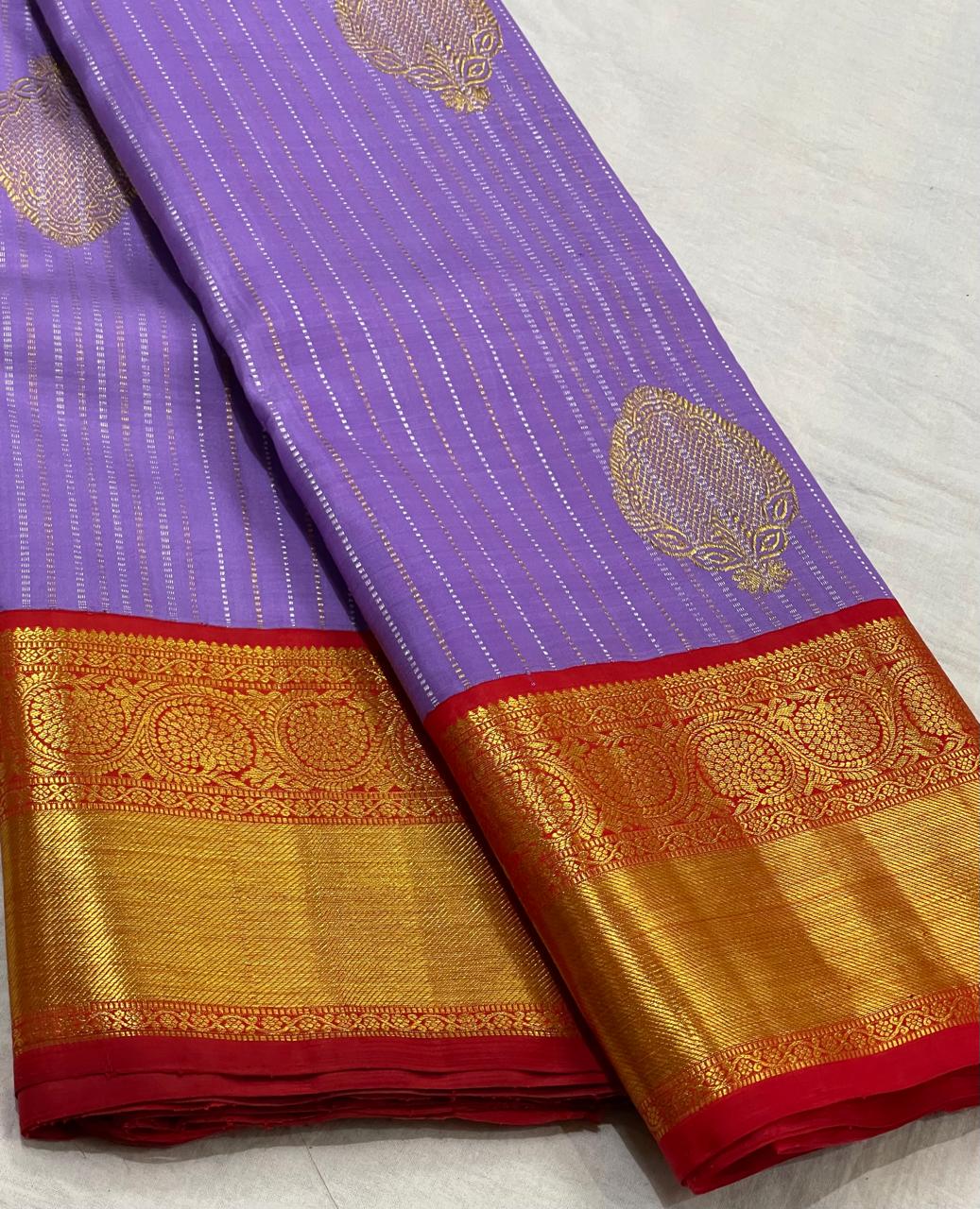 LAVENDER/RED  COLOUR COMBITION PURE KANCHI SILK SAREE