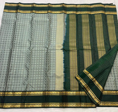 GREY/BOTTLE GREEN  COLOUR COMBITION PURE KANCHI SILK SAREE