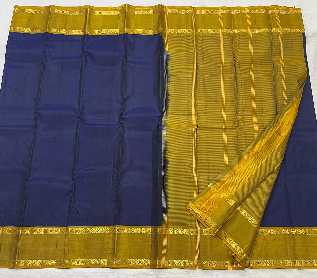 INDIGO BLUE/MEHANDI GREEN  COLOUR COMBITION PURE KANCHI SILK SAREE