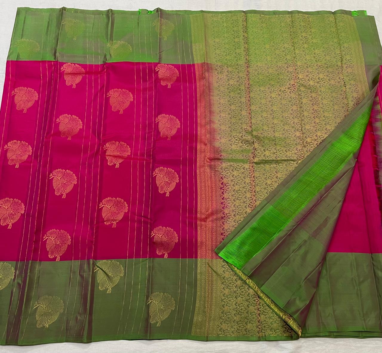 PINK/GREEN   COLOUR COMBITION PURE KANCHI SILK SAREE