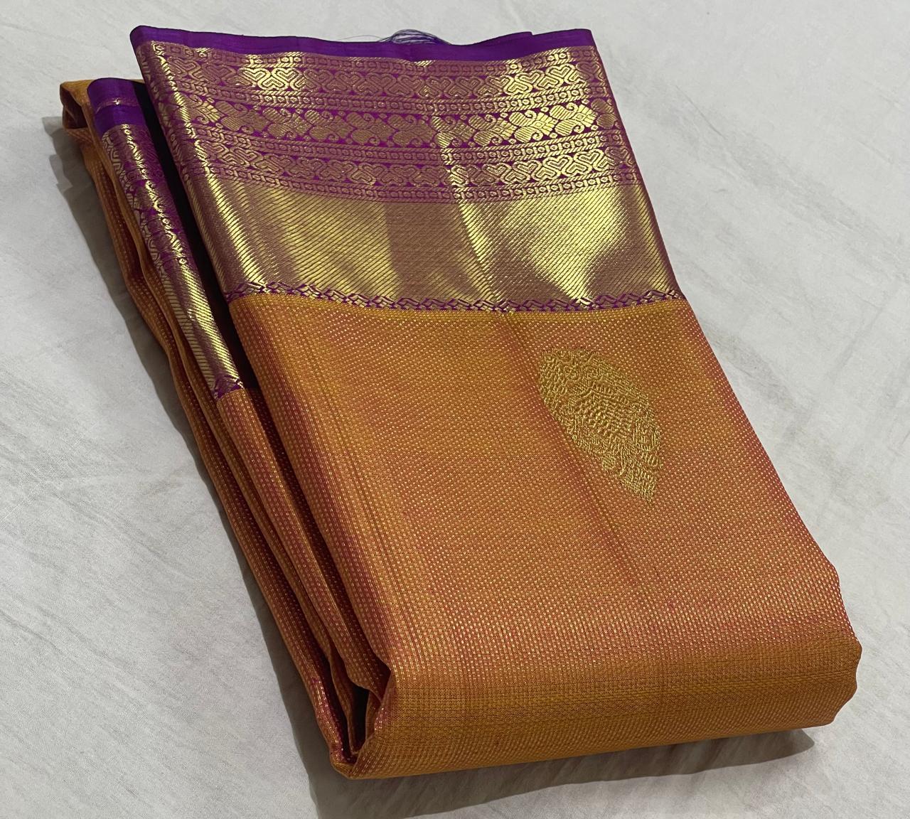 FIRE ORANGE /PURPLE  COLOUR COMBITION PURE KANCHI SILK SAREE