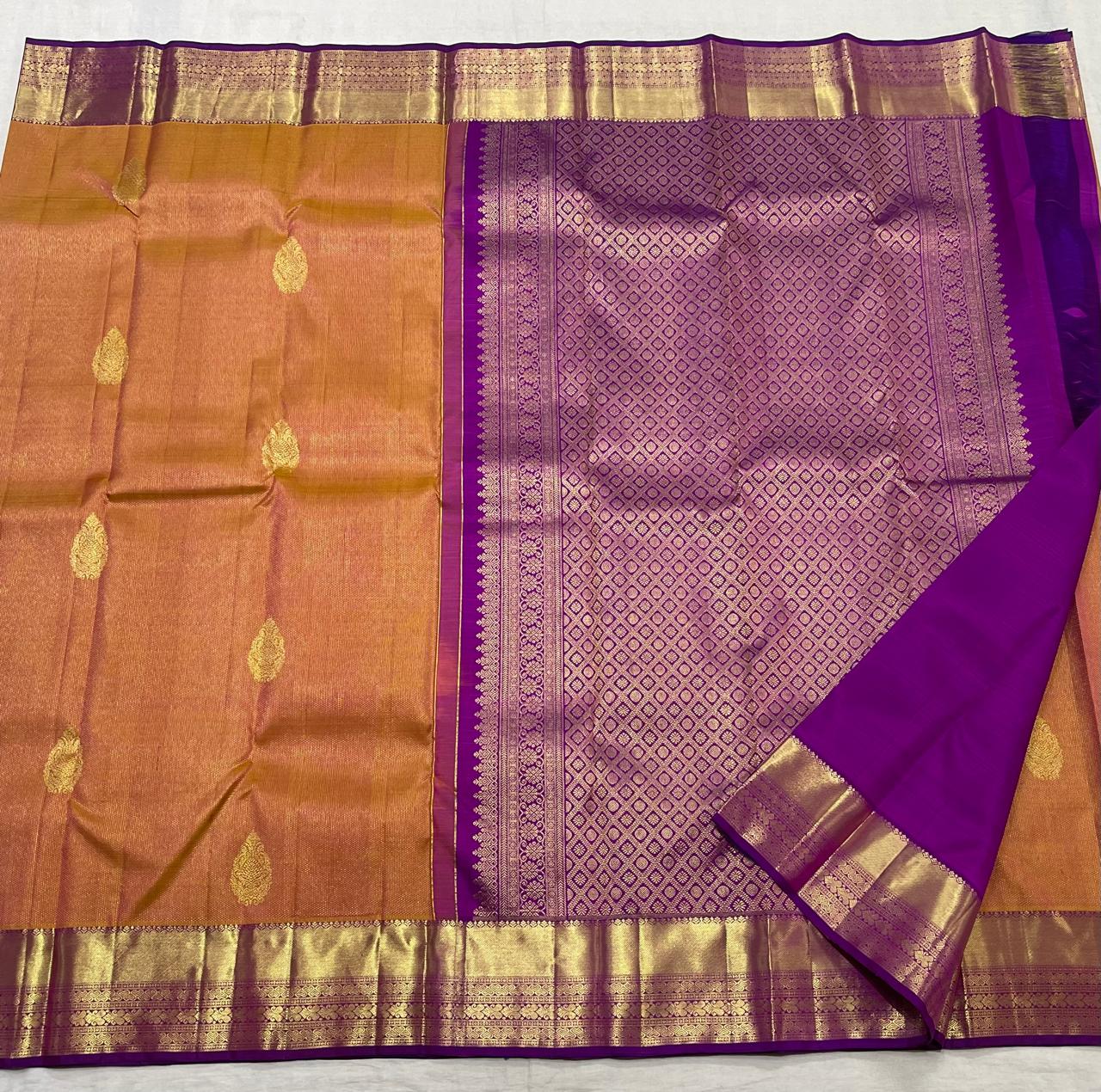 FIRE ORANGE /PURPLE  COLOUR COMBITION PURE KANCHI SILK SAREE