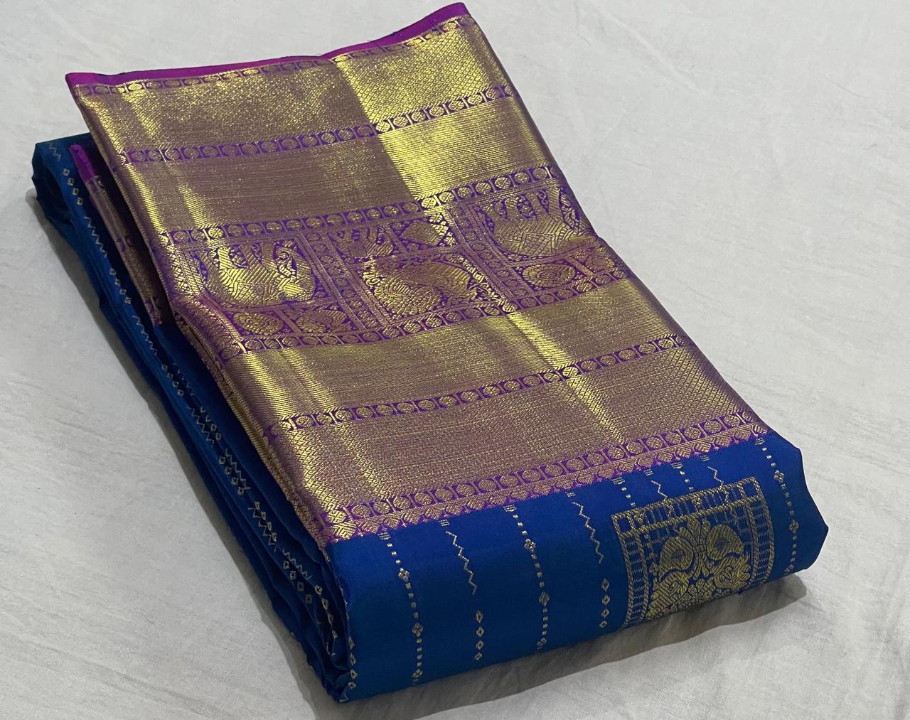 ROYAL BLUE/PURPLE COLOUR COMBITION PURE KANCHI SILK SAREE