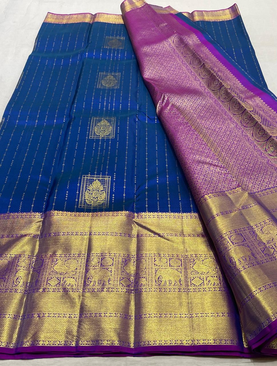 ROYAL BLUE/PURPLE COLOUR COMBITION PURE KANCHI SILK SAREE