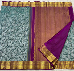 AQUA BLUE/PURPLE  COLOUR COMBITION PURE KANCHI SILK SAREE