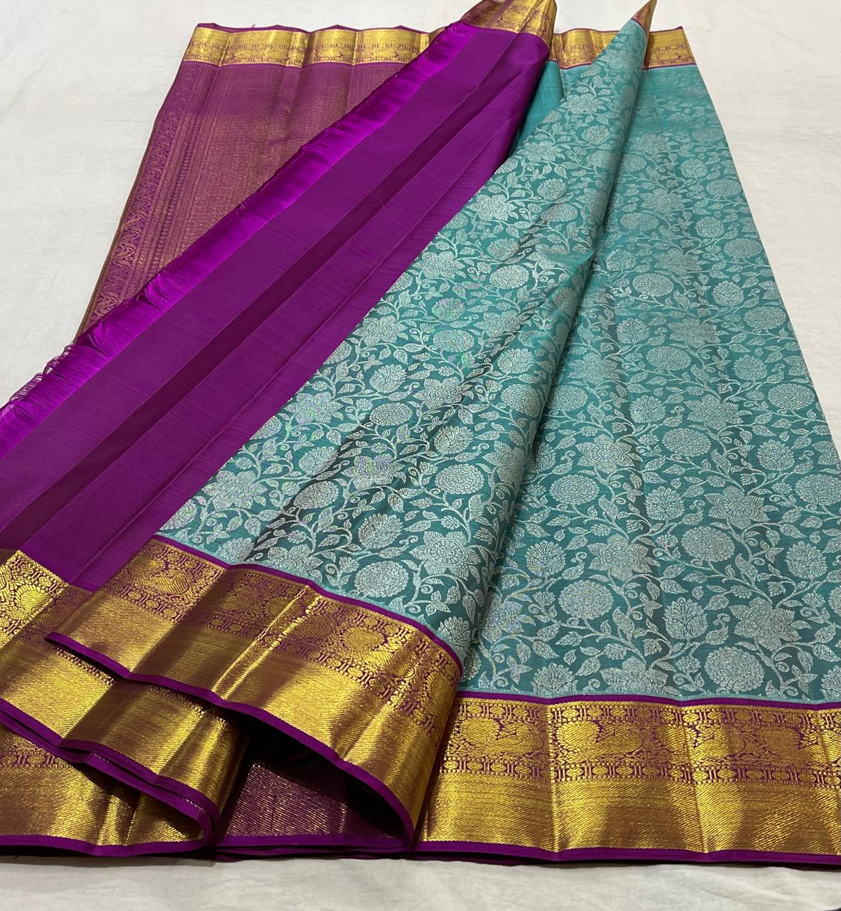 AQUA BLUE/PURPLE  COLOUR COMBITION PURE KANCHI SILK SAREE