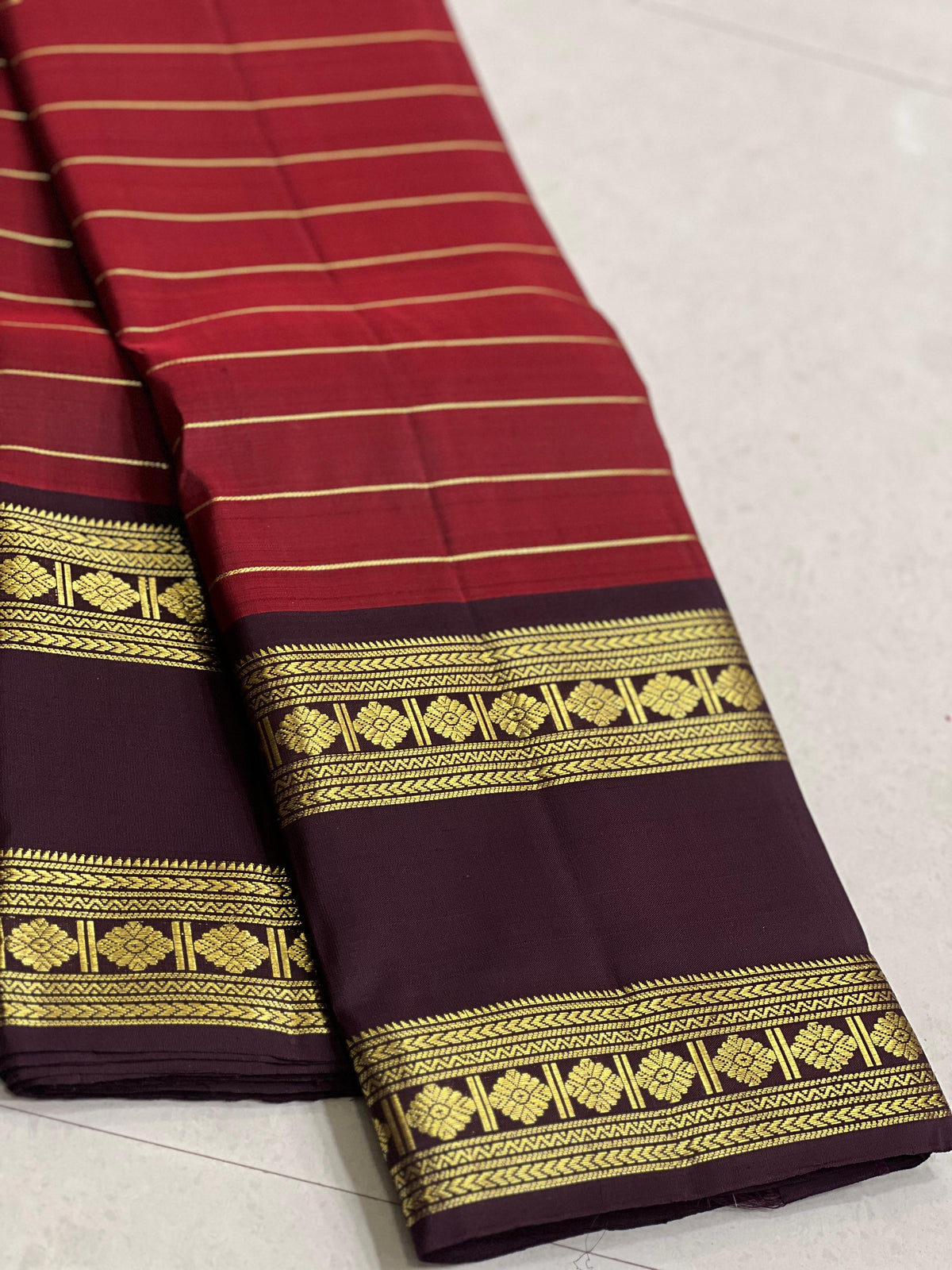 MAROON/BROWN  COLOUR COMBITION PURE KANCHI SILK SAREE