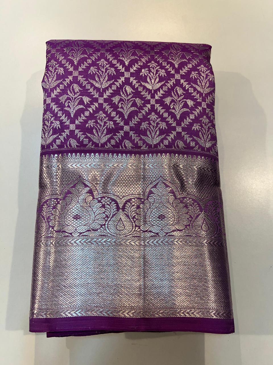 PURPLE  COLOUR COMBITION PURE KANCHI SILK SAREE