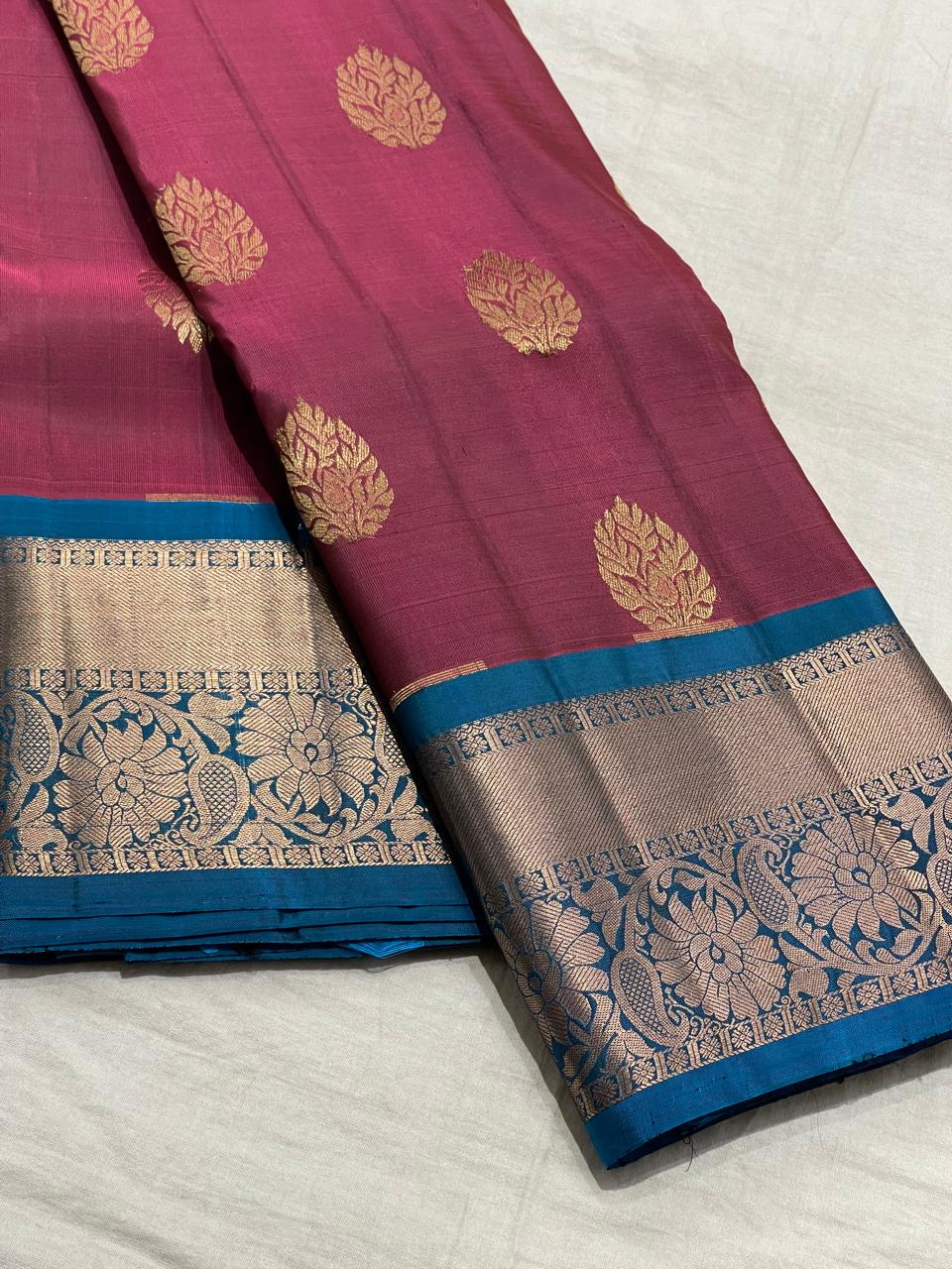 MAGENTA PINK/RAMA BLUE  COLOUR COMBITION PURE KANCHI SILK SAREE