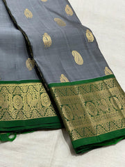 GREY/BOTTLE GREEN COLOUR COMBITION PURE KANCHI SILK SAREE