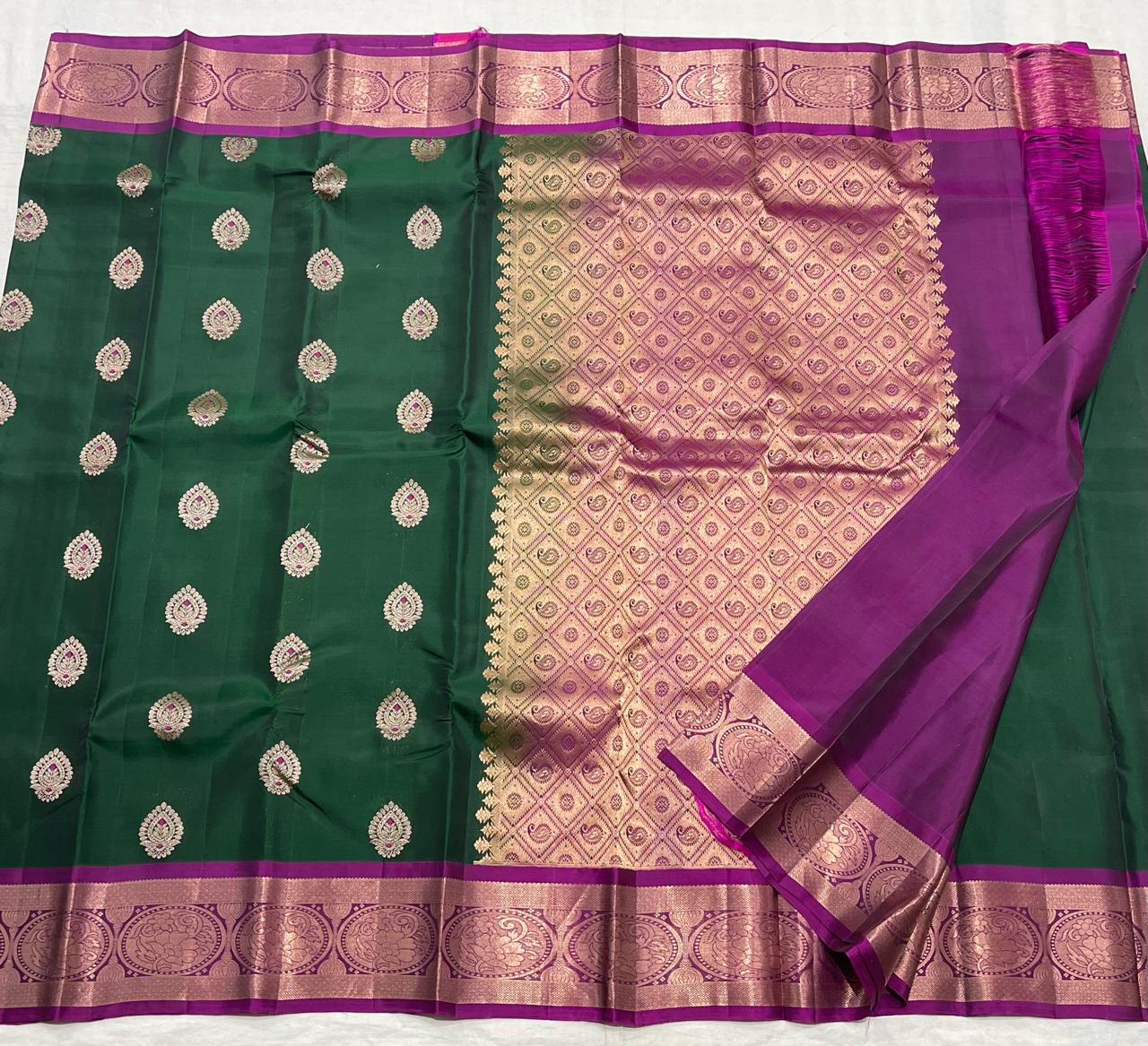 BOTTLE GREEN/PURPLE    COLOUR COMBITION PURE KANCHI SILK SAREE