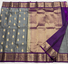 GREY/PURPLE  COLOUR COMBITION PURE KANCHI SILK SAREE