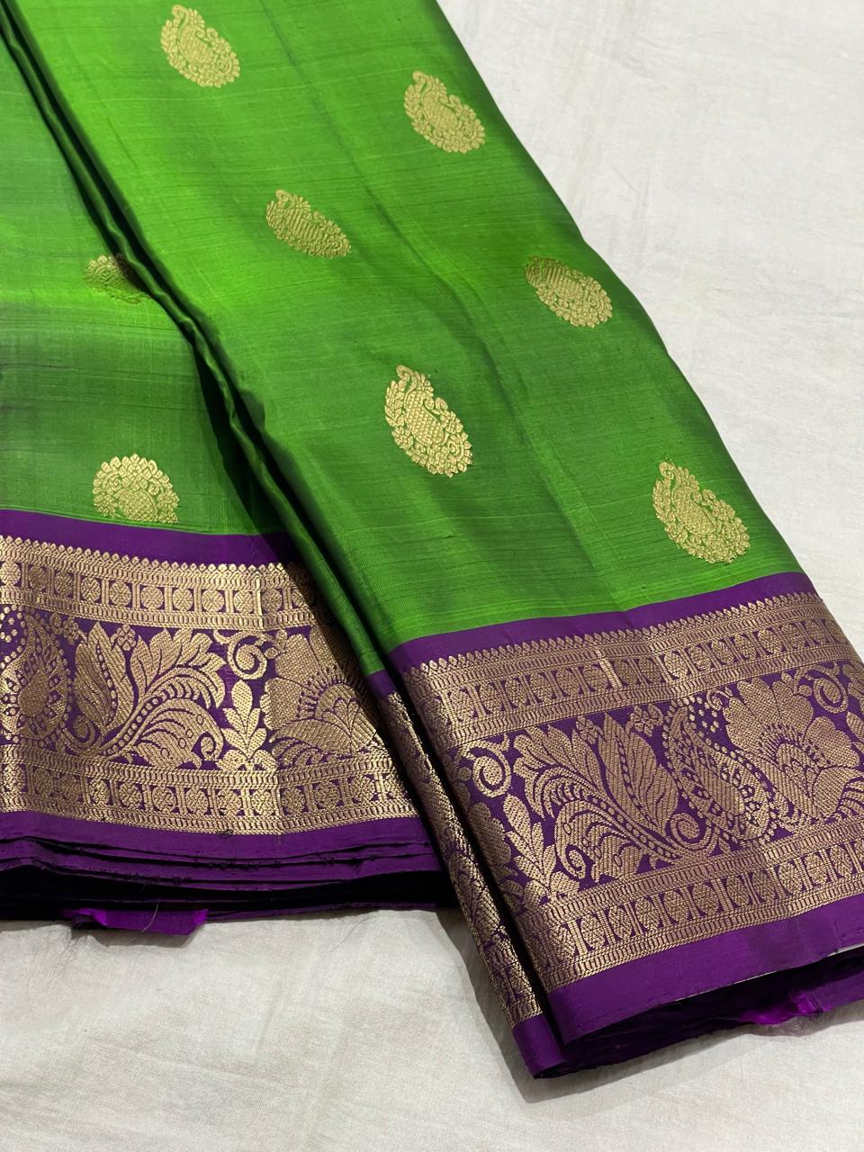 PARROT GREEN/PURPLE    COLOUR COMBITION PURE KANCHI SILK SAREE