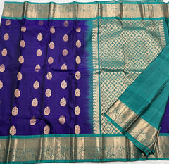 BLUE/RAMA GREEN COLOUR COMBITION PURE KANCHI SILK SAREE