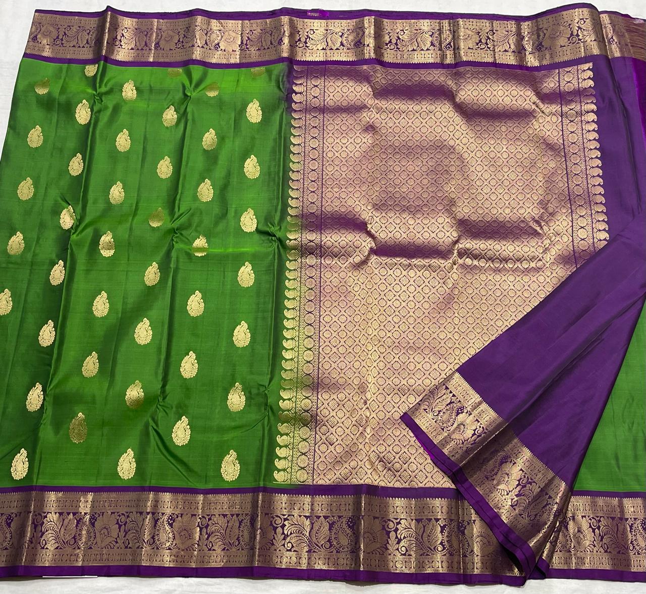 PARROT GREEN/PURPLE    COLOUR COMBITION PURE KANCHI SILK SAREE