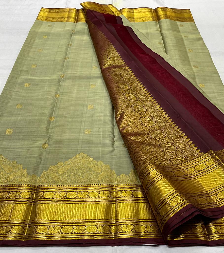 PISTA GREEN/BROWN BORDER COLOUR COMBITION PURE KANCHI SILK SAREE