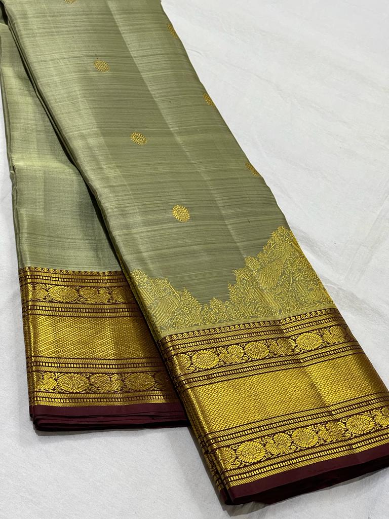 PISTA GREEN/BROWN BORDER COLOUR COMBITION PURE KANCHI SILK SAREE