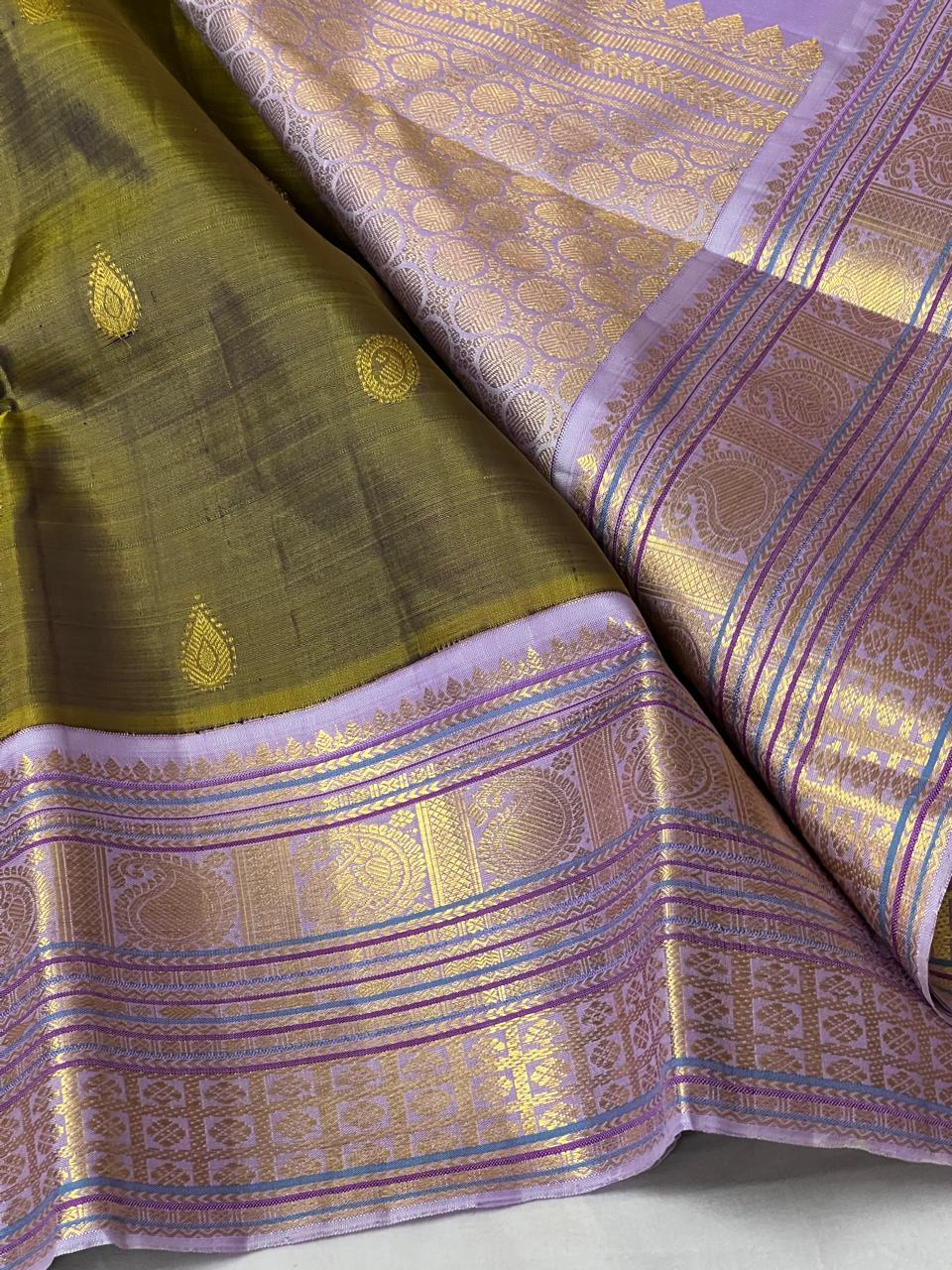 DARK MEHNDI GREEN/LILAC   COLOUR COMBITION PURE KANCHI SILK SAREE