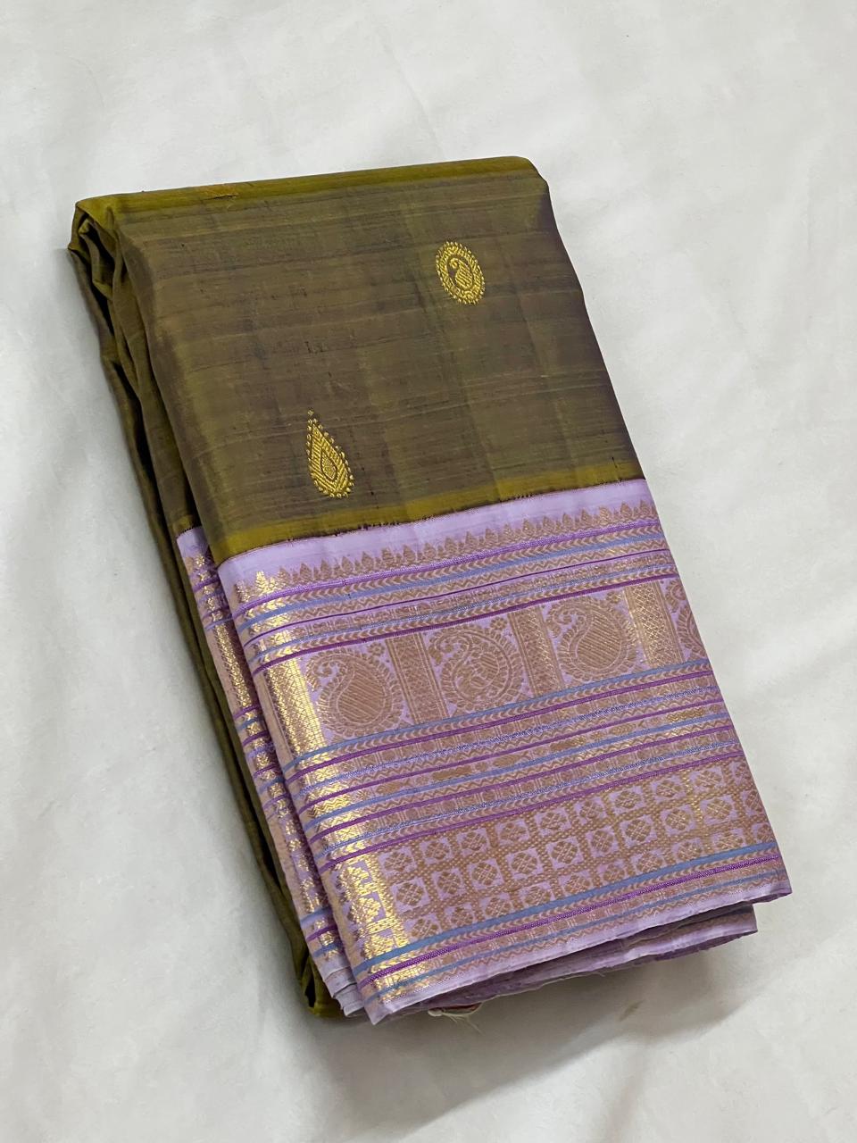 MEHANDI GREEN/LAVENDER BORDER COLOUR COMBITION PURE KANCHI SILK SAREE