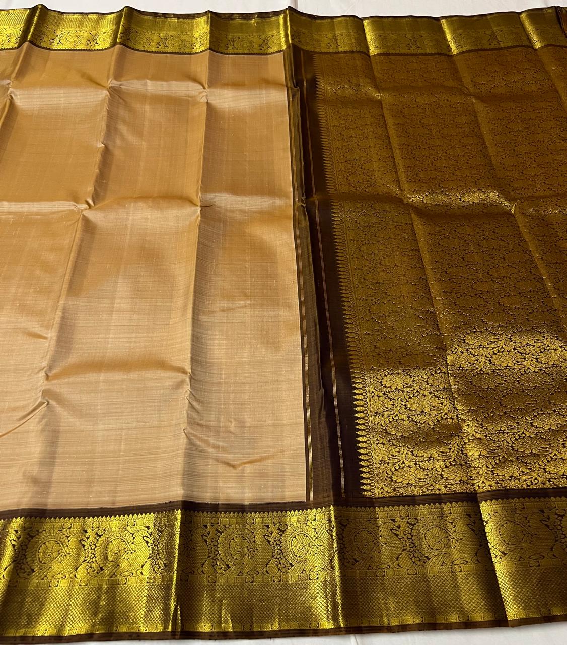 CREAM/BROWN BORDER COLOUR COMBITION PURE KANCHI SILK SAREE