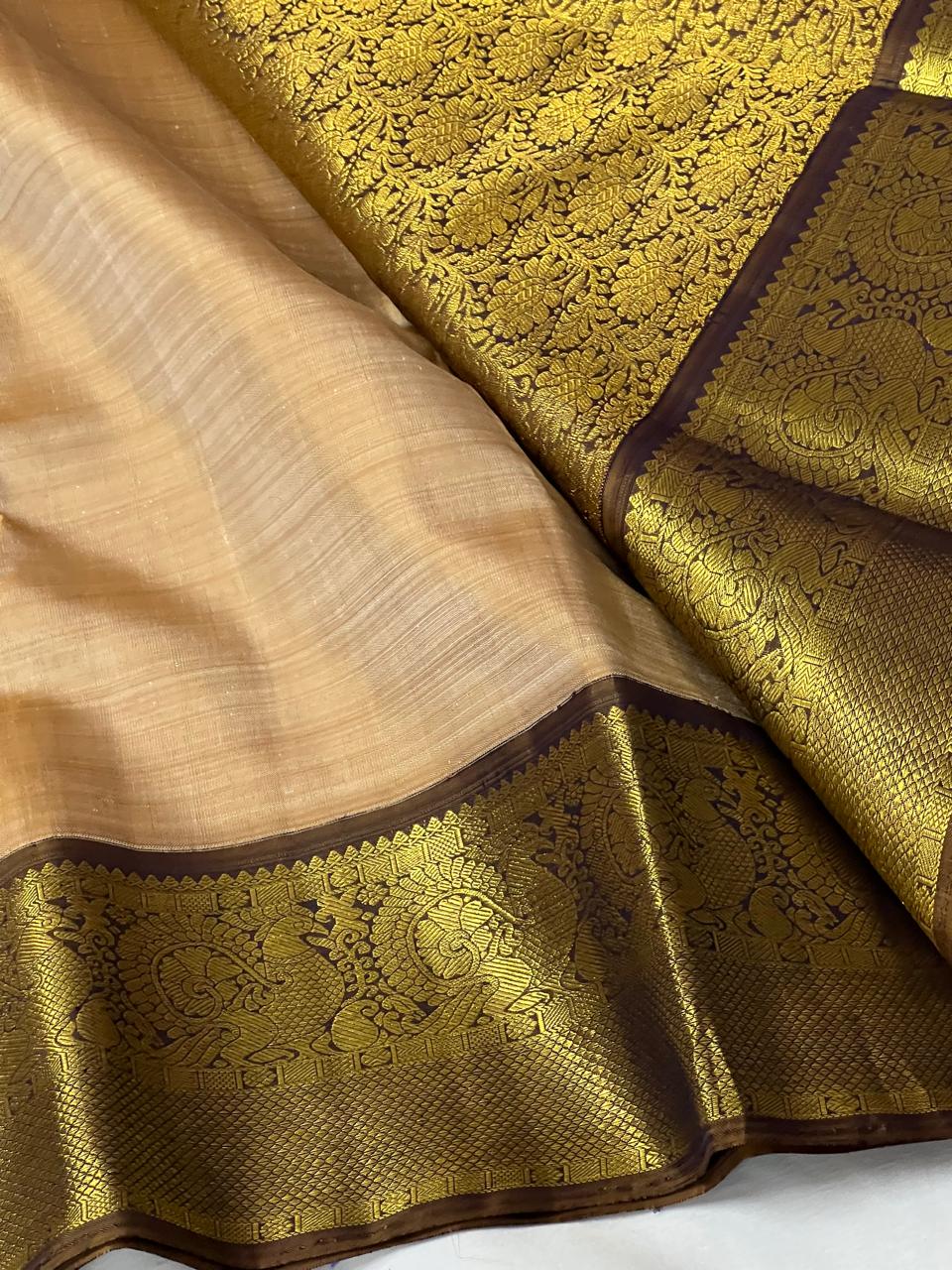 CREAM/BROWN BORDER COLOUR COMBITION PURE KANCHI SILK SAREE