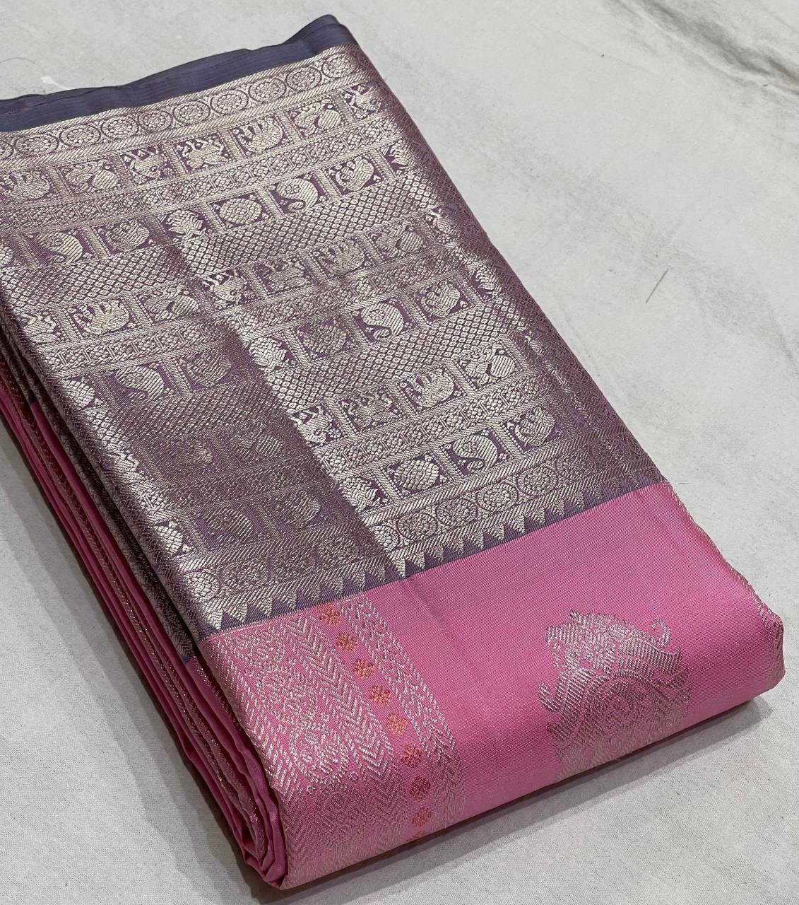 BABY  PINK  BORDER COLOUR COMBITION PURE KANCHI SILK SAREE