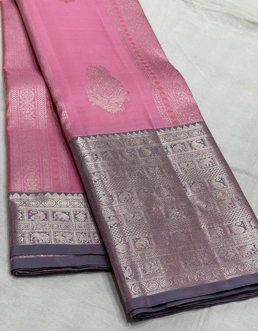 BABY  PINK  BORDER COLOUR COMBITION PURE KANCHI SILK SAREE