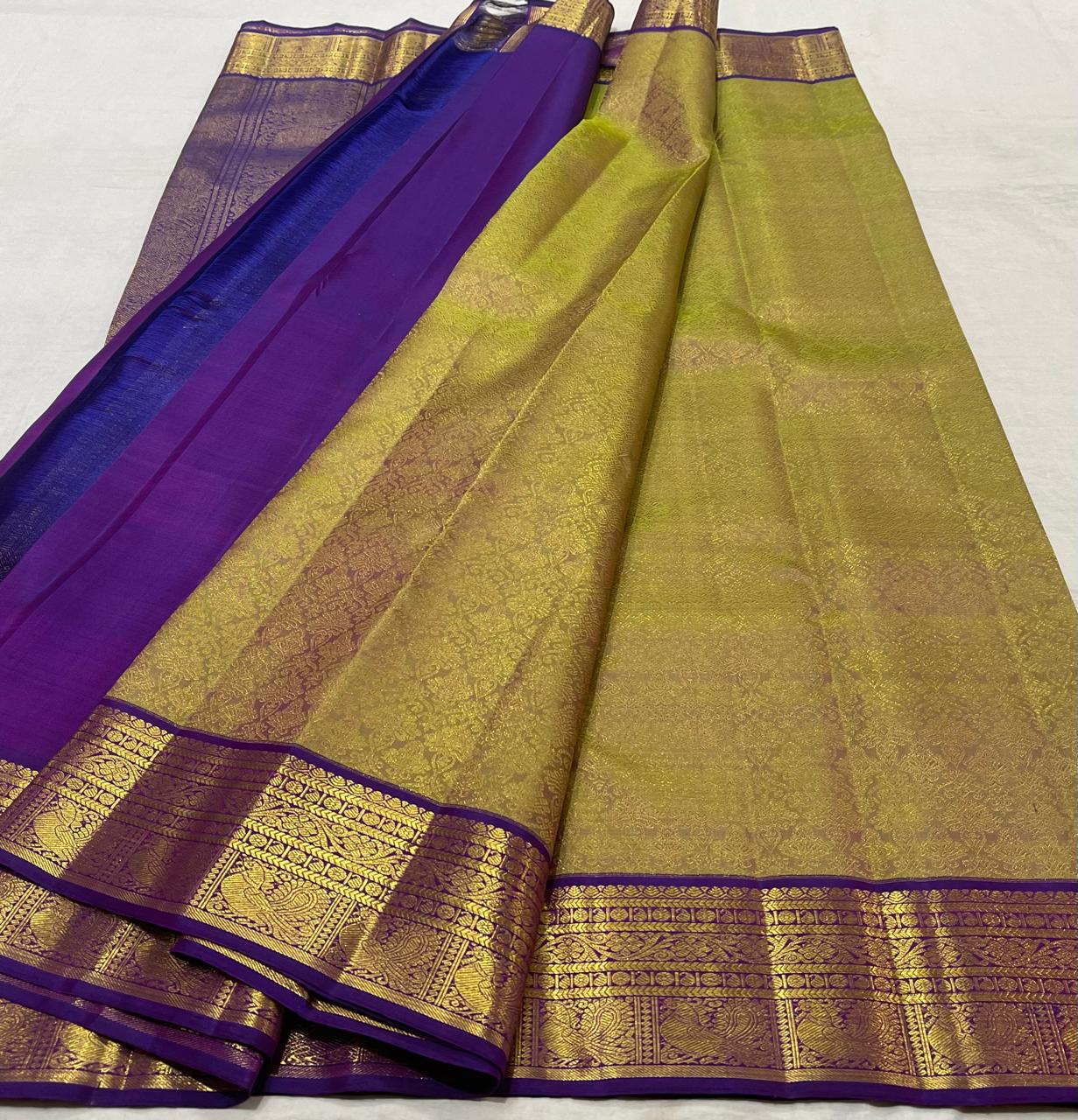 MEHANDI GREEN/PURPLE  BORDER COLOUR COMBITION PURE KANCHI SILK SAREE