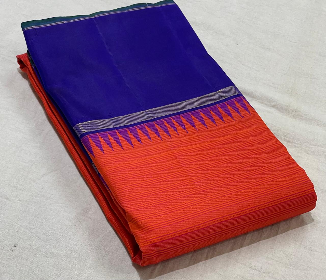 ORANGISH PINK/ROYAL BLUE BORDER COLOUR COMBITION PURE KANCHI SILK SAREE