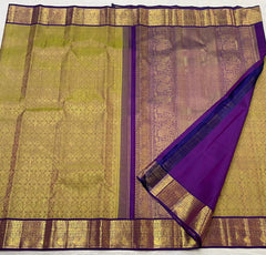 MEHANDI GREEN/PURPLE  BORDER COLOUR COMBITION PURE KANCHI SILK SAREE