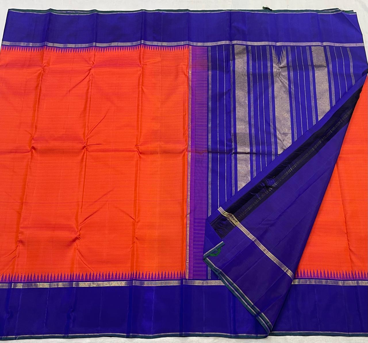 ORANGISH PINK/ROYAL BLUE BORDER COLOUR COMBITION PURE KANCHI SILK SAREE